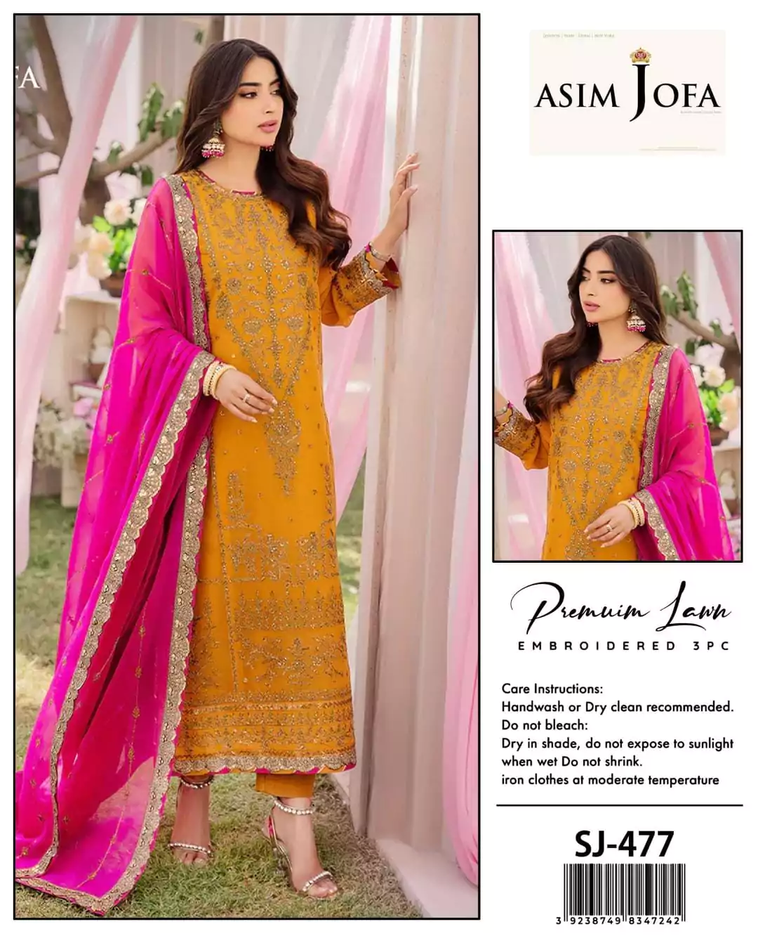 Asim Jofa Embroidered Lawn Suit Set 3 Pcs in Yellow ET165