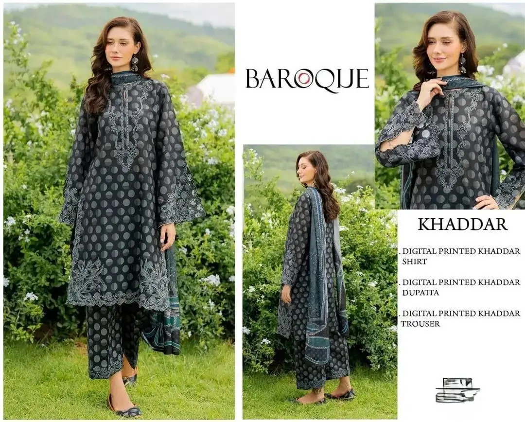 women unstitched suits - Baroque 3 Pcs Women's Unstitched Khaddar Digital Print Suit VW237