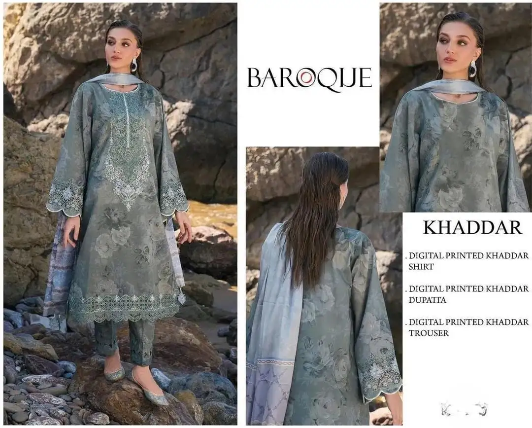 women unstitched suits - Baroque 3 Pcs Women's Unstitched Khaddar Digital Print Suit VW238