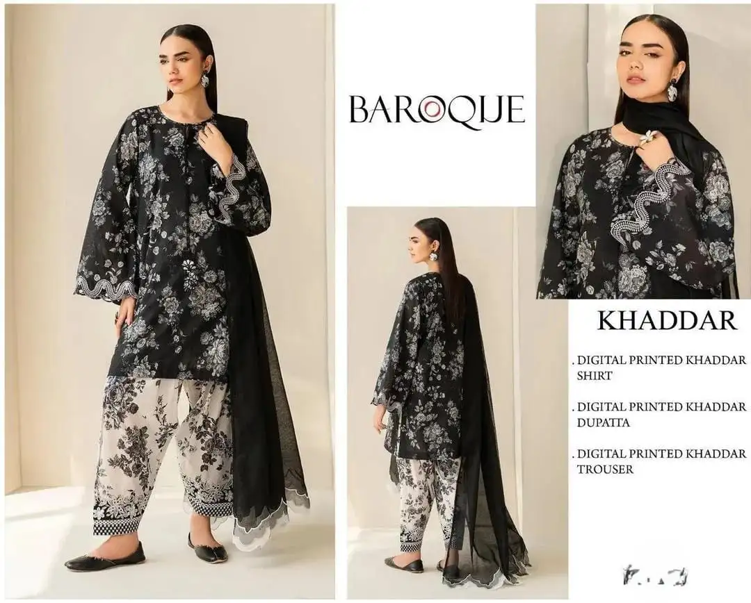 women unstitched suits - Baroque 3 Pcs Women's Unstitched Khaddar Digital Print Suit VW239
