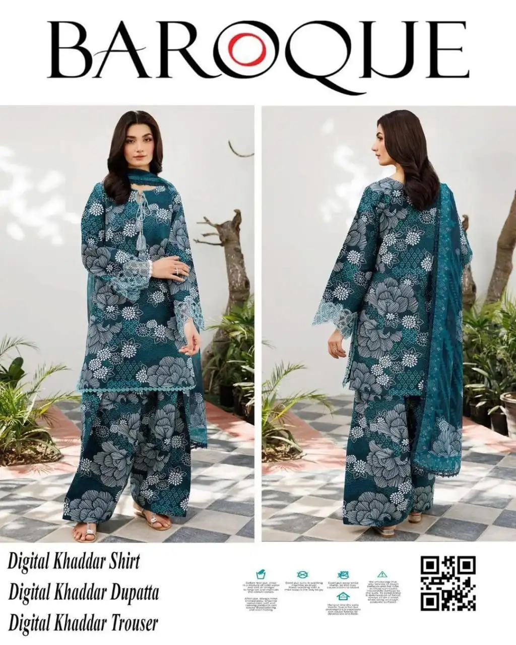 women unstitched suits - Baroque 3 Pcs Women's Unstitched Khaddar Printed Suit VW63