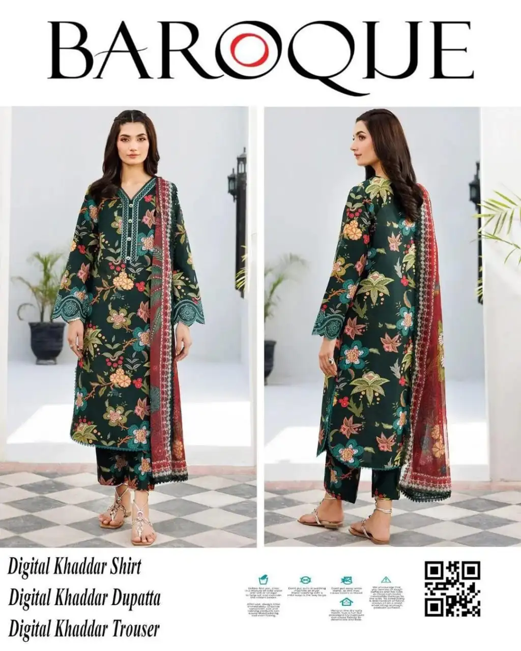 women unstitched suits - Baroque 3 Pcs Women's Unstitched Khaddar Printed Suit VW66