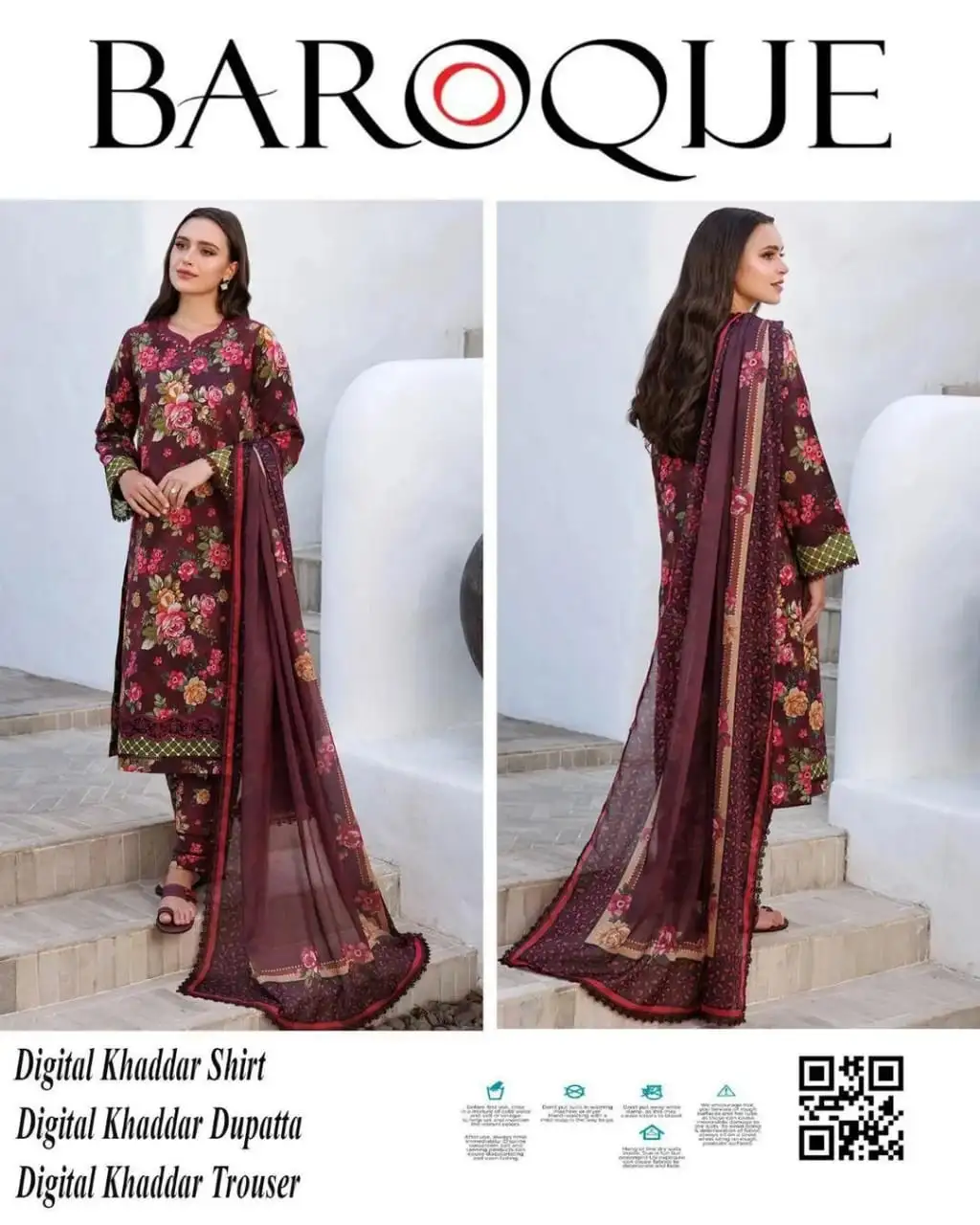 women unstitched suits - Baroque 3 Pcs Women's Unstitched Khaddar Printed Suit VW69
