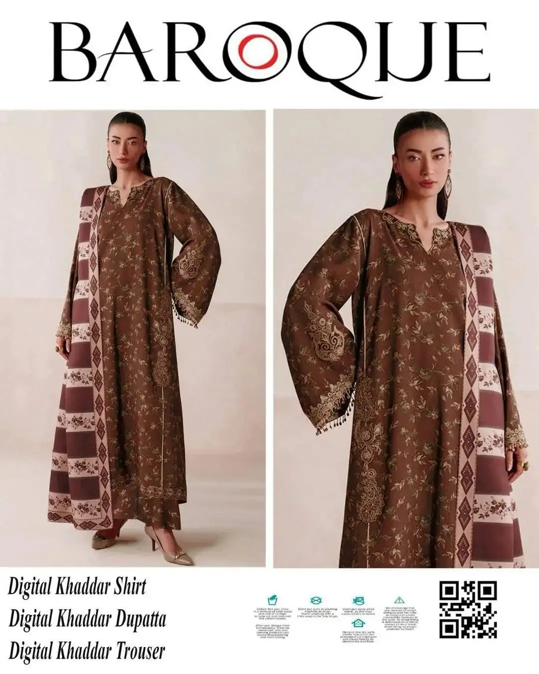 women unstitched suits - Baroque 3 Pcs Women's Unstitched Khaddar Printed Suit VW73