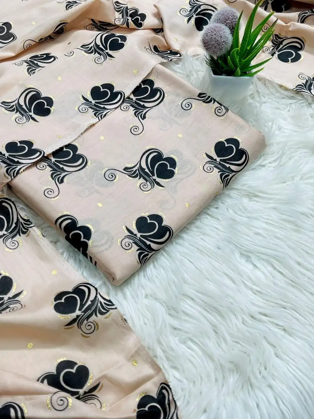 Black And Beige Floral Printed Lawn 2 Pcs Suit for Women