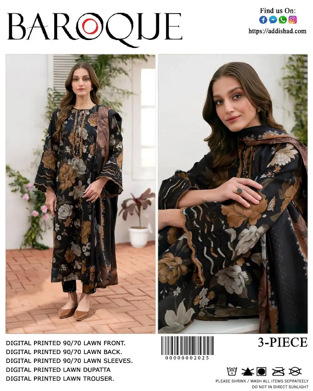 Black Digital Print Lawn 3 Piece Suit for Women
