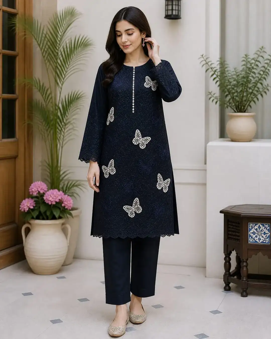 Black Embroidered Lawn 2 Piece Kurta Set for Women