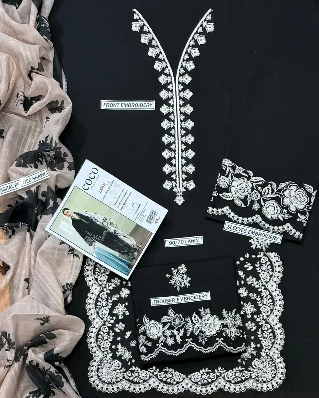 Black Embroidered Lawn 3 Pcs Set with Digital Print Dupatta