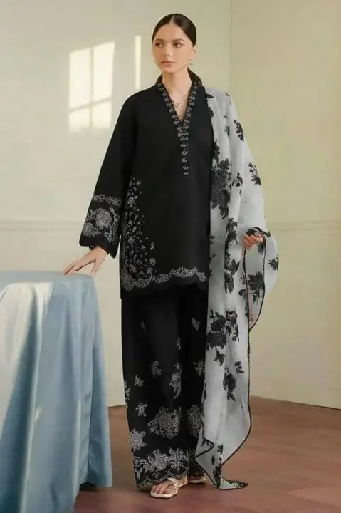 Black Embroidered Lawn 3 Pcs Set with Digital Print Dupatta
