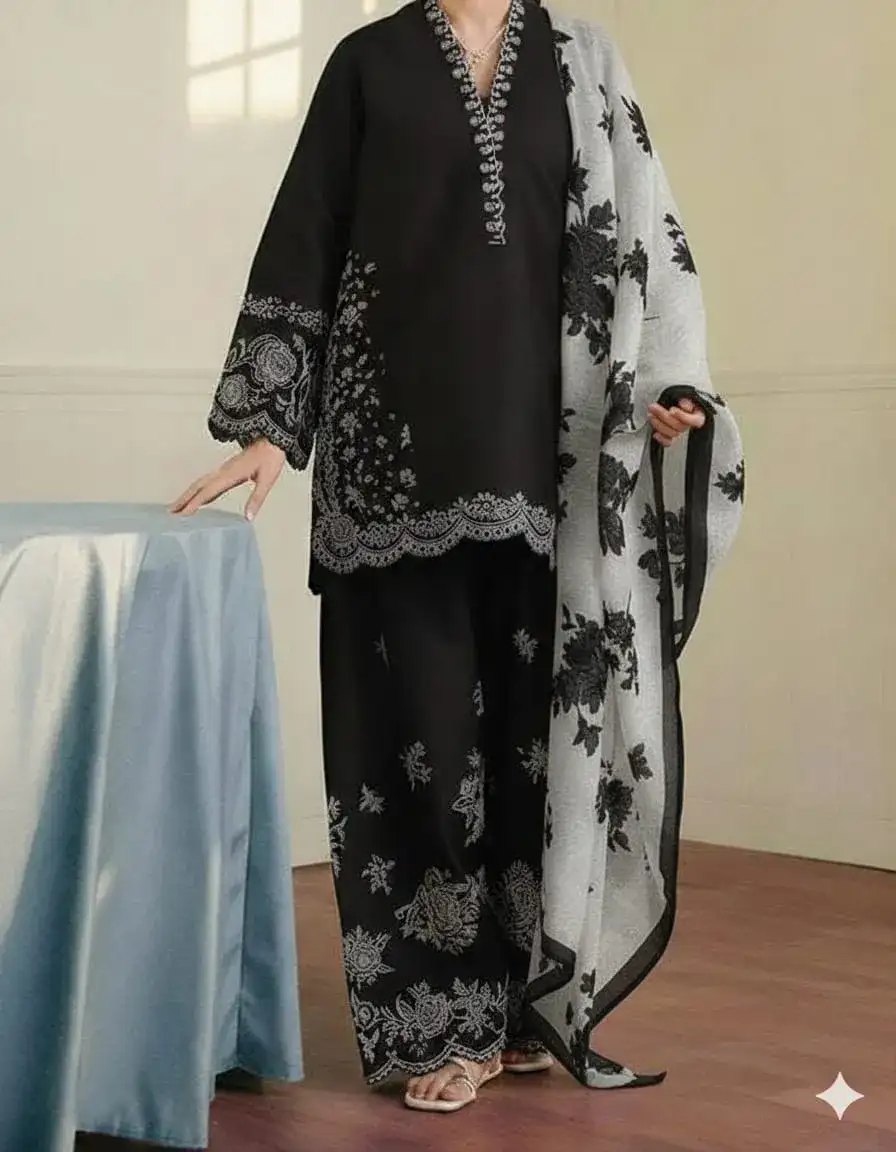 Black Embroidered Lawn 3 Pcs Set with Digital Print Dupatta