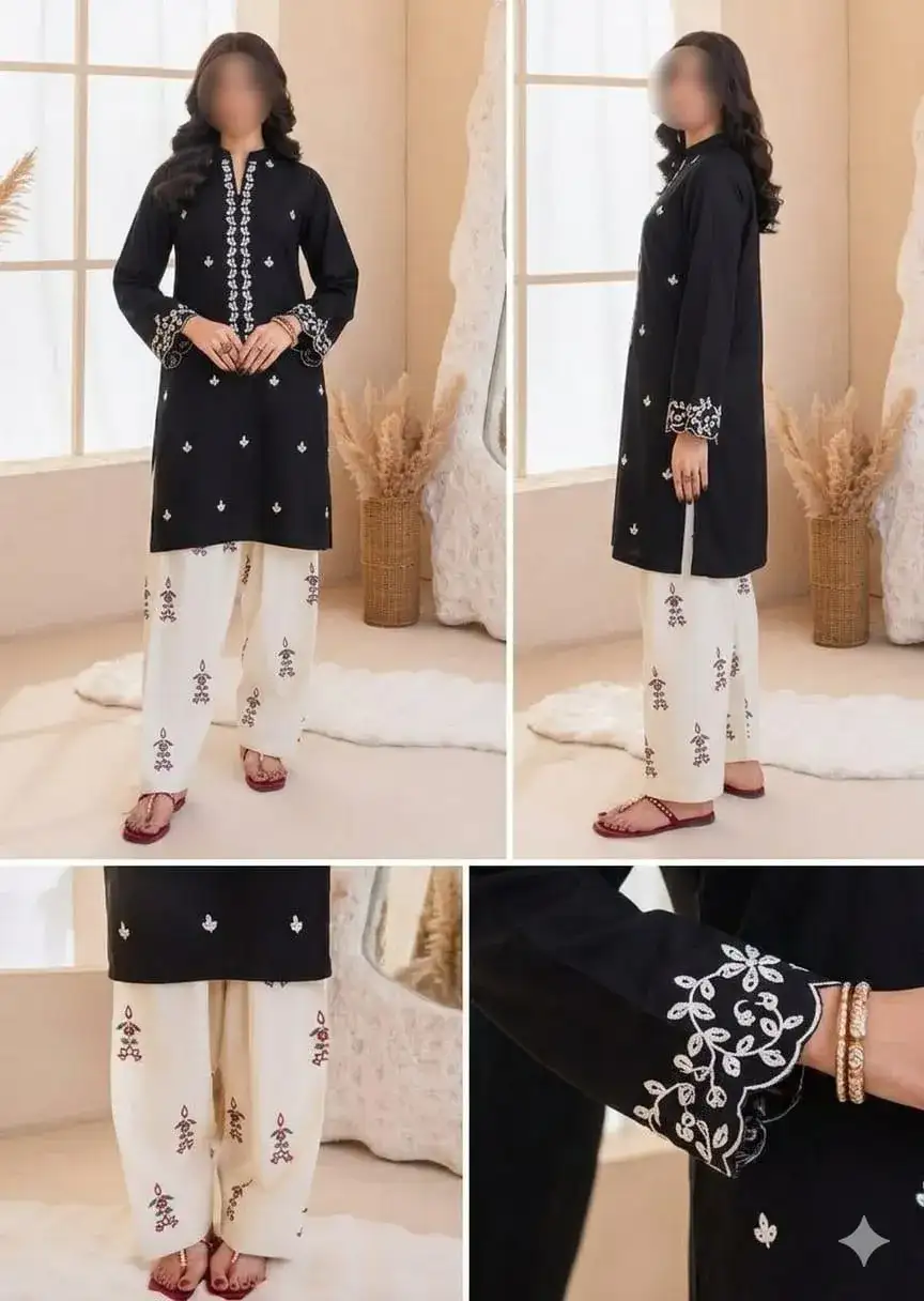 2 Pcs Black Embroidered Lawn Shirt & Cotton Trouser Set