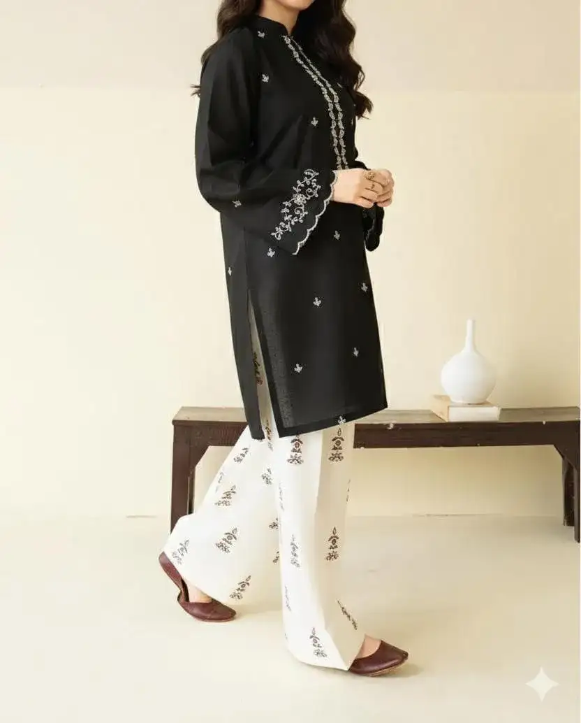 2 Pcs Black Embroidered Lawn Shirt & Cotton Trouser Set