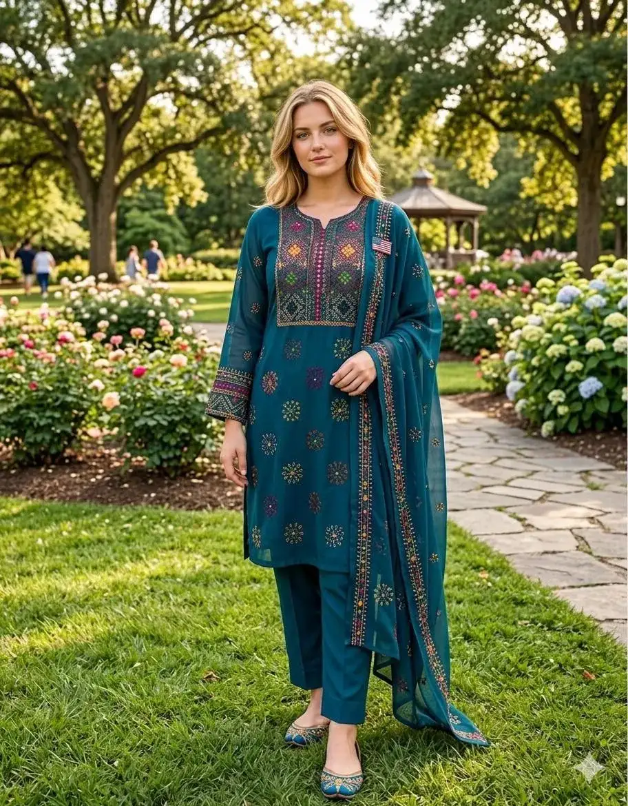 Blue Chiffon Hand Embroidered 2 Pcs Set VW937