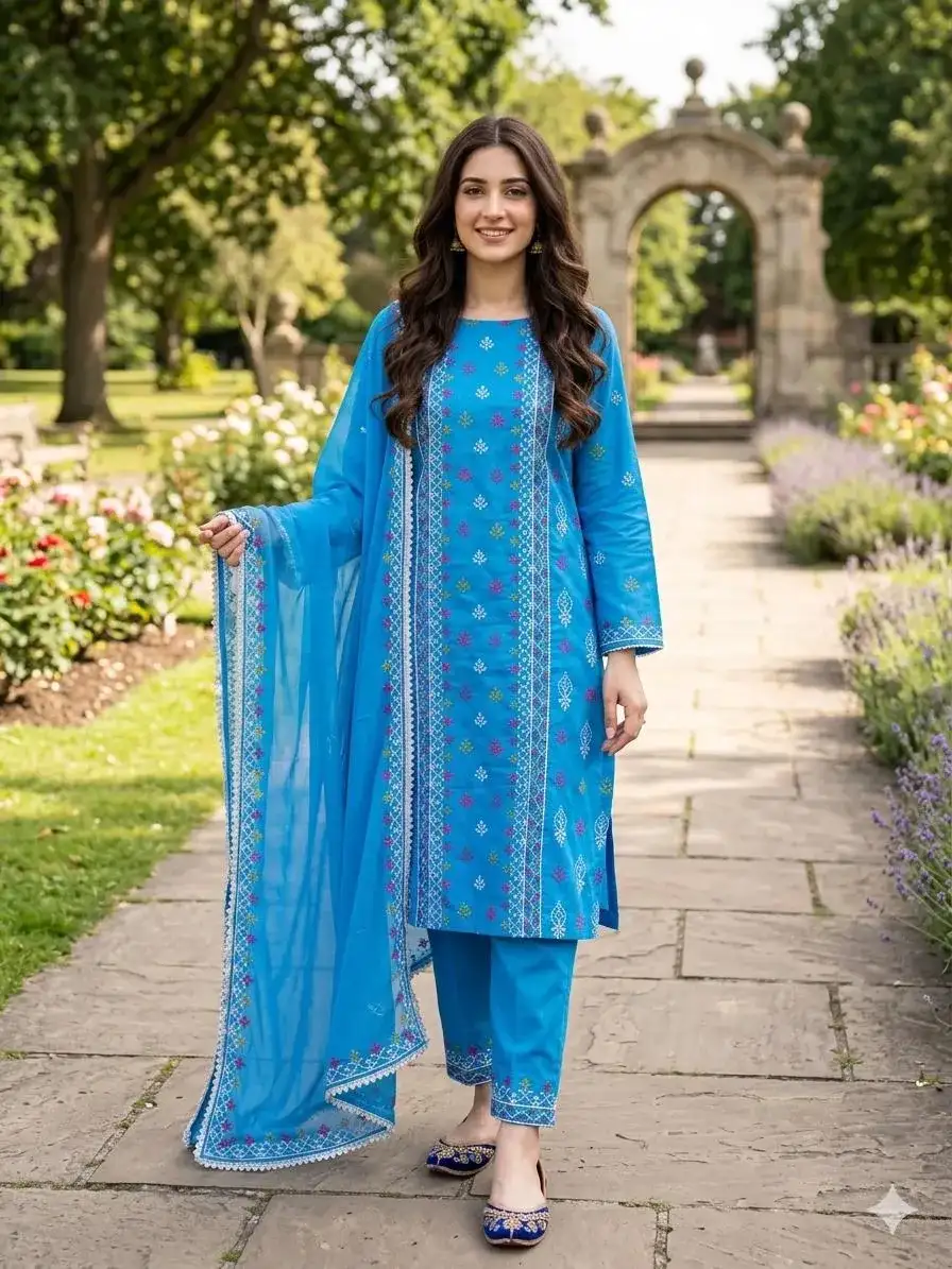 Blue Chikankari Lawn 3 Pcs Embroidered Set