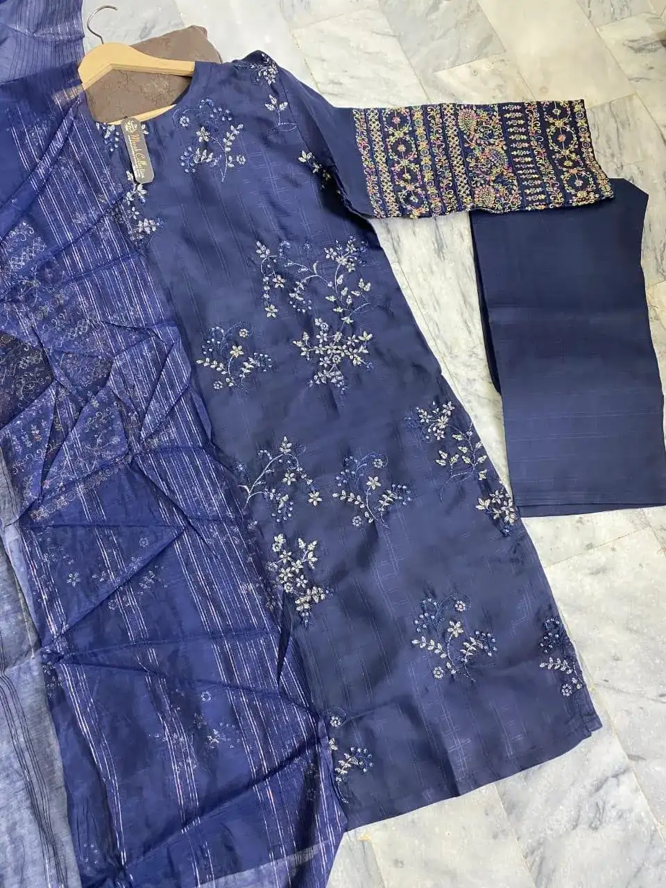 Blue Embroidered 3 Pcs Stitched Cotton Suit for Women