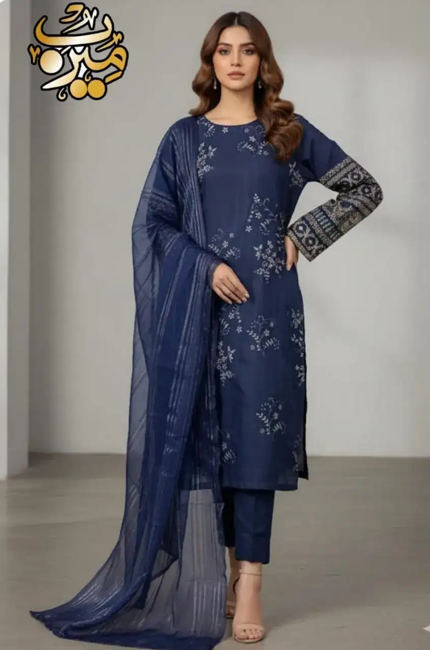 Blue Embroidered 3 Pcs Stitched Cotton Suit for Women