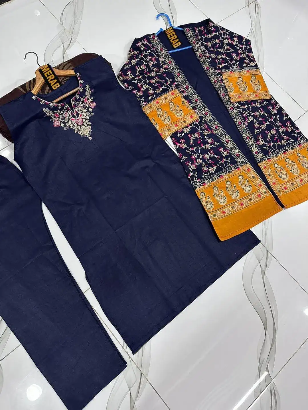 Blue Embroidered 3 Pcs Women Stitched Cotton Gown Suit Set