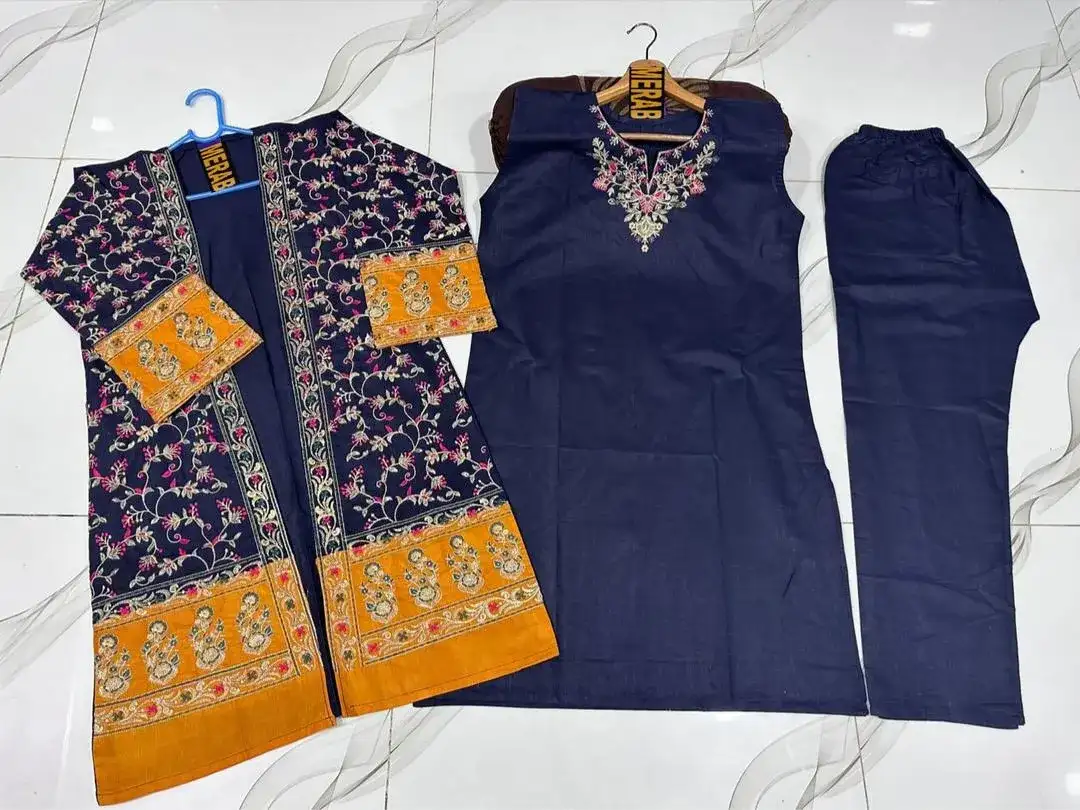 Blue Embroidered 3 Pcs Women Stitched Cotton Gown Suit Set