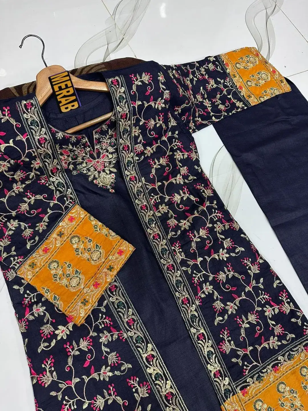 Blue Embroidered 3 Pcs Women Stitched Cotton Gown Suit Set
