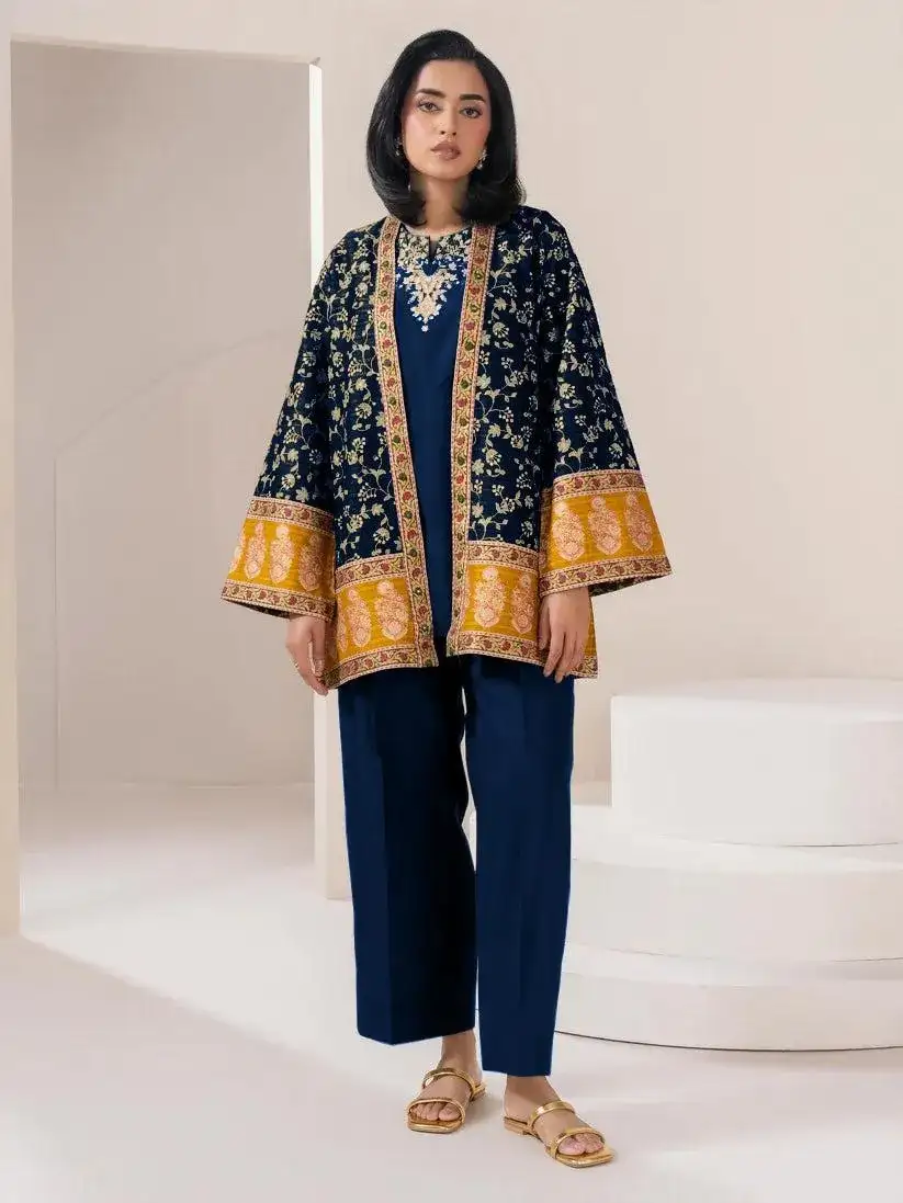 Blue Embroidered 3 Pcs Women Stitched Cotton Gown Suit Set