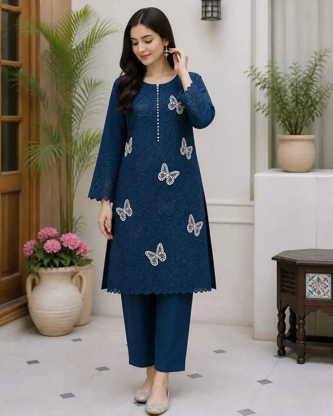 Blue Embroidered Lawn 2 Piece Kurta Set for Women