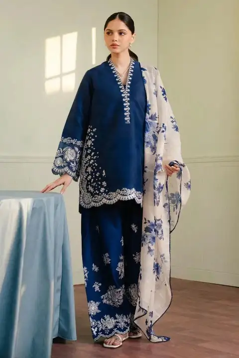 Blue Embroidered Lawn 3 Pcs Set with Digital Print Dupatta