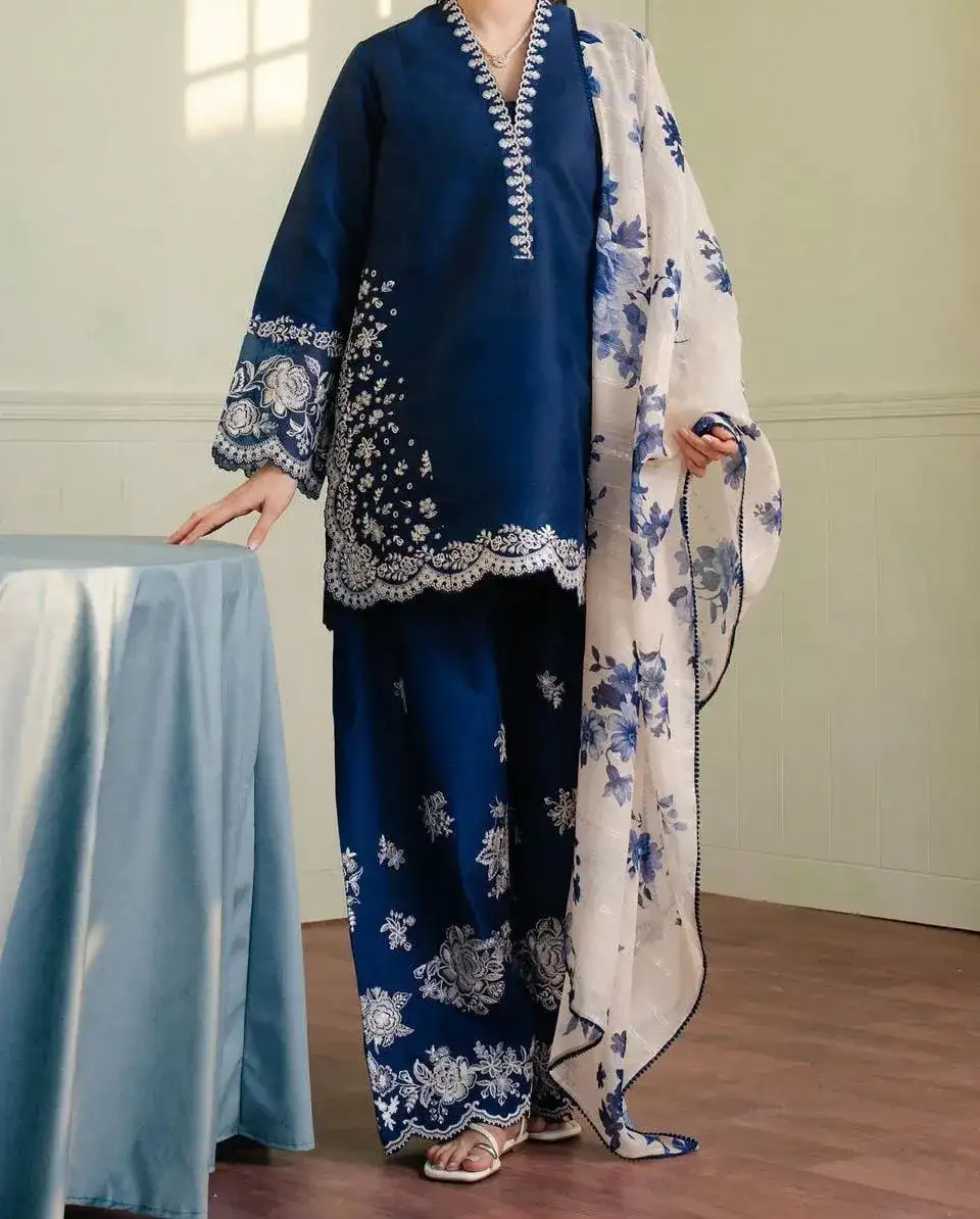 Blue Embroidered Lawn 3 Pcs Set with Digital Print Dupatta