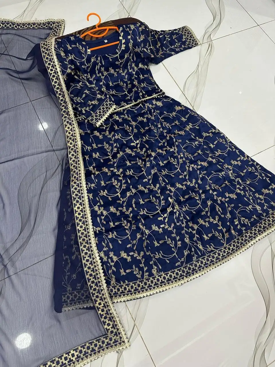 Blue Raw Silk Embroidered 3 Pcs Girls Lehenga Set for Eid