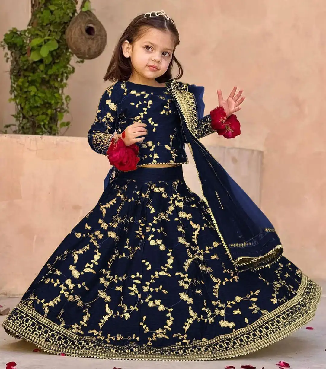 Blue Raw Silk Embroidered 3 Pcs Girls Lehenga Set for Eid