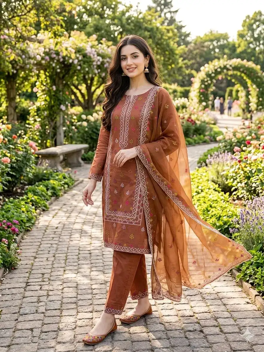 Brown Chikankari Lawn 3 Pcs Embroidered Set