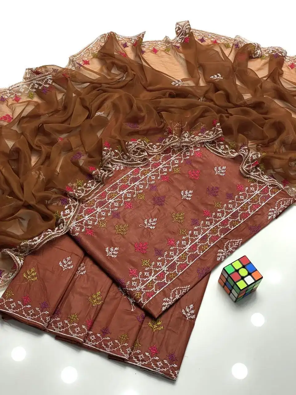Brown Chikankari Lawn 3 Pcs Embroidered Set