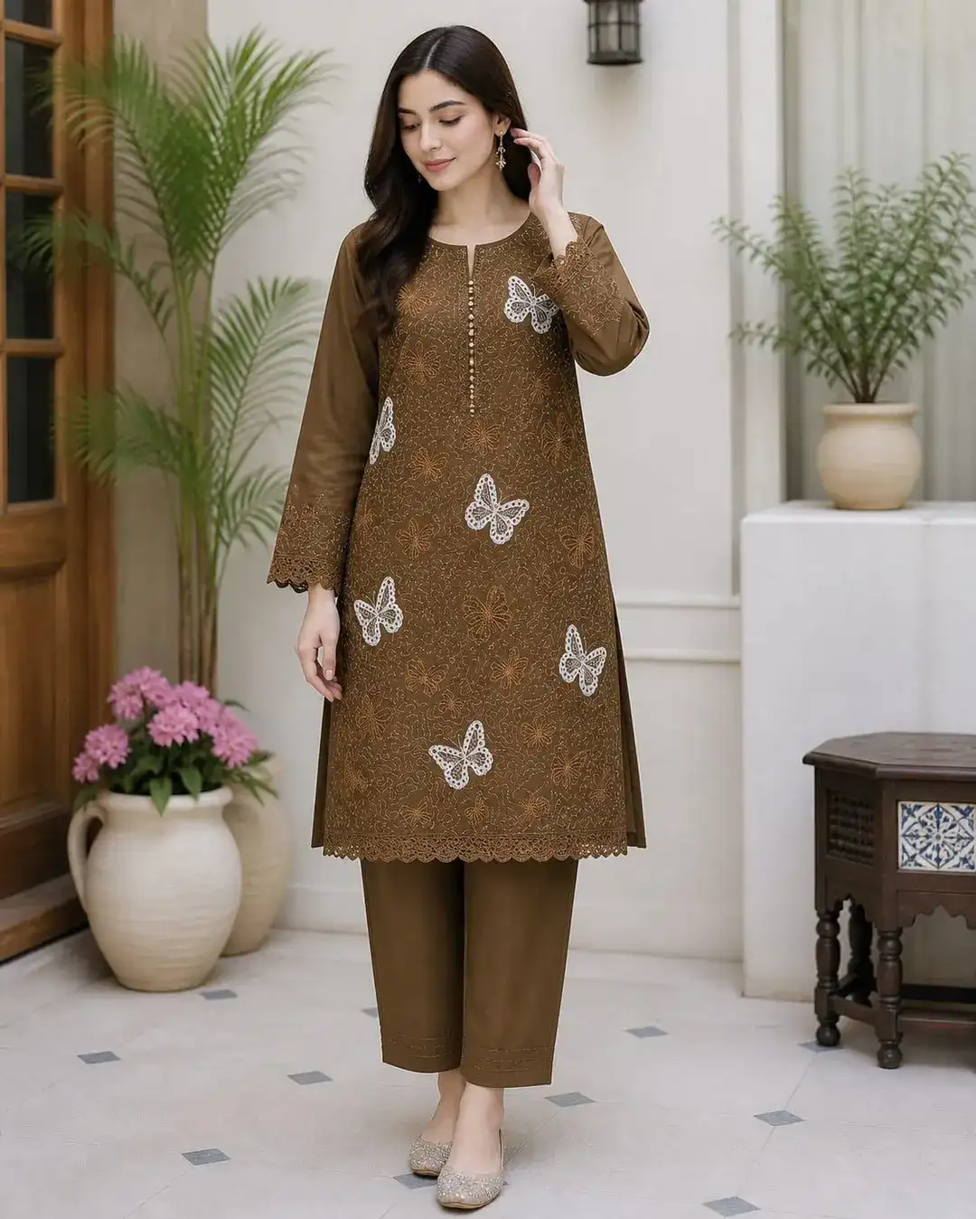 Brown Embroidered Lawn 2 Piece Kurta Set for Women