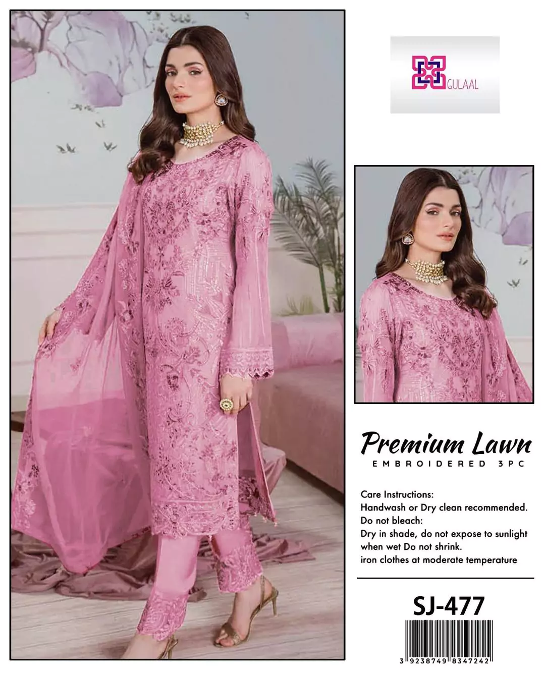 Charming Embroidered Pink Suit Set 3 Pcs Lawn Fabric ET144