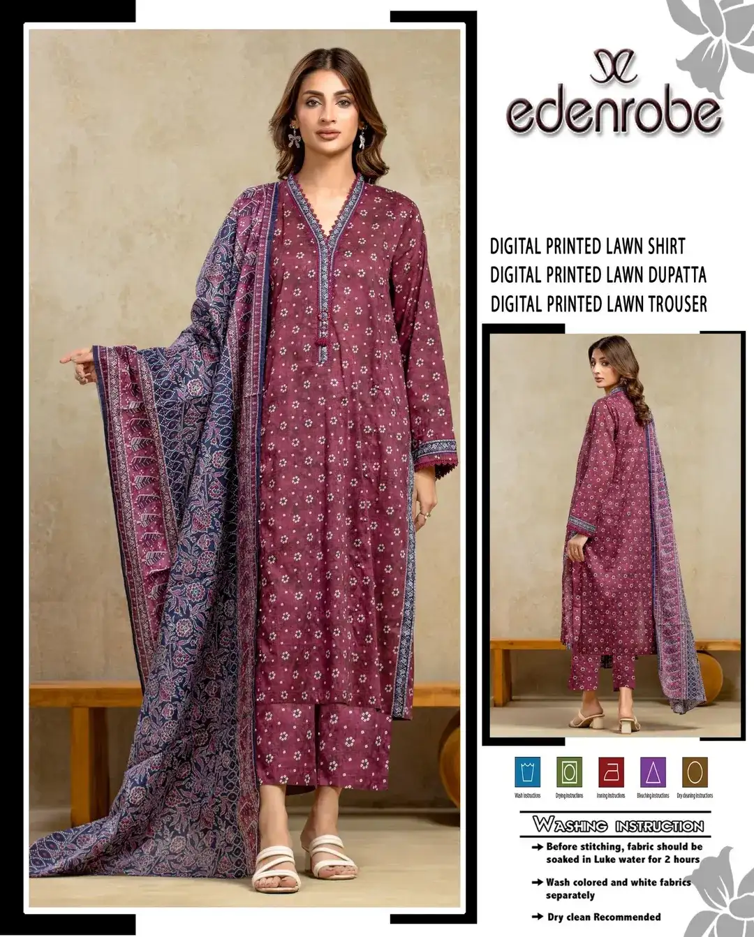 Edenrobe Digital Print Lawn 3 Pcs Set Red