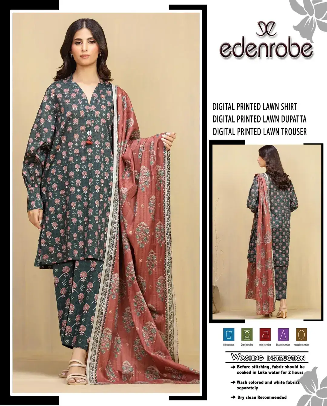 Edenrobe Digital Printed Lawn 3 Pcs Set Green
