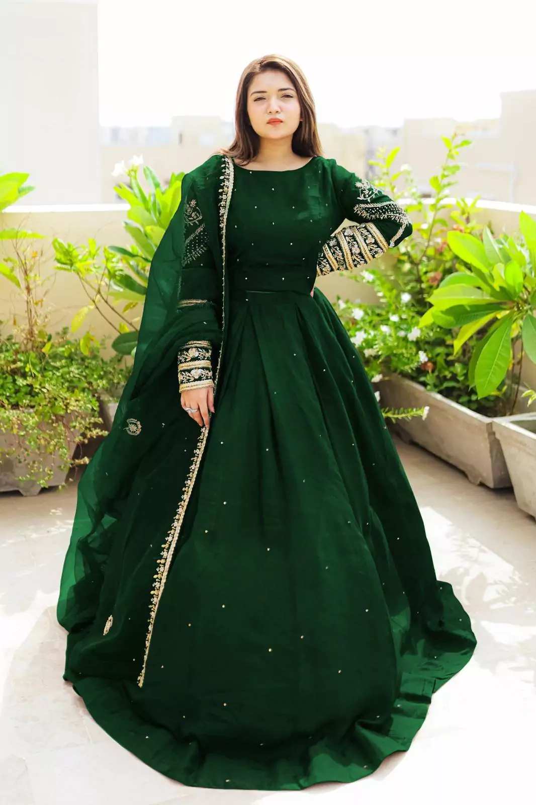 women stitched suits - Elegant 3 Pcs Women's Stitched Shamose Silk Maxi Suit in Green