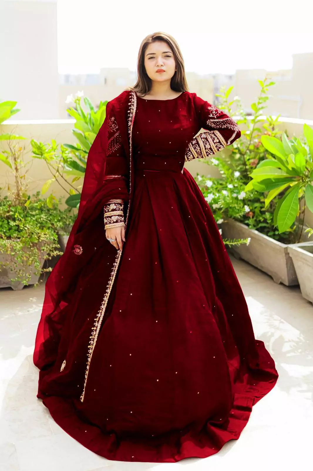 women stitched suits - Elegant 3 Pcs Women's Stitched Shamose Silk Maxi Suit in Maroon