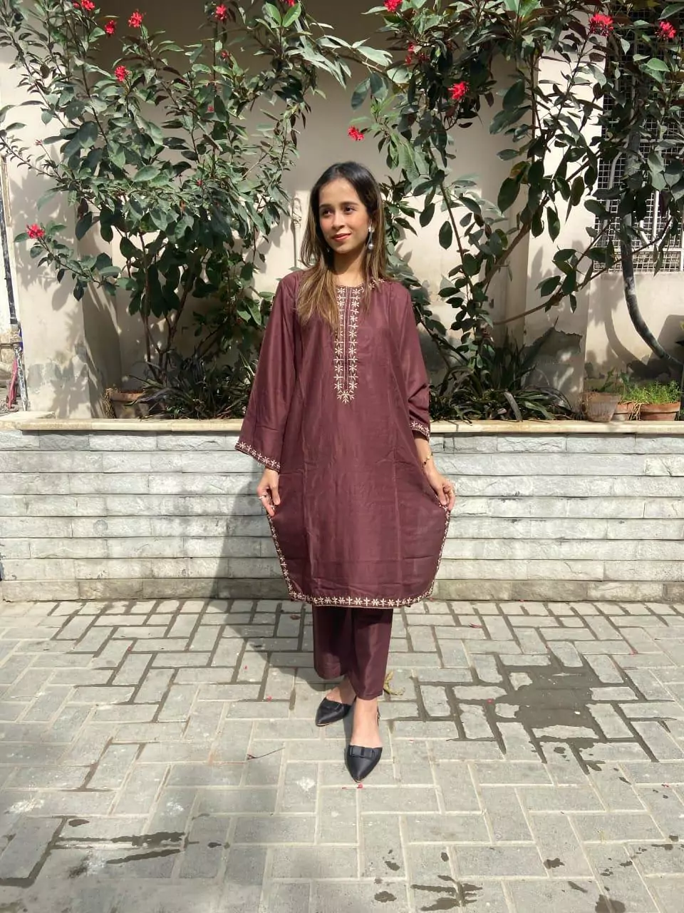  - Elegant Women's Stitched Embroidered Shirt And Trouser 2 Pcs in Brown