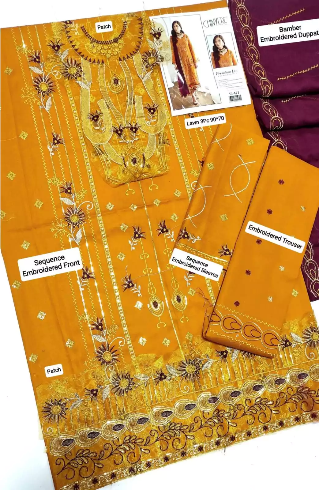 Embroidered Lawn Suit Set 3 Pcs in Vibrant Yellow ET156