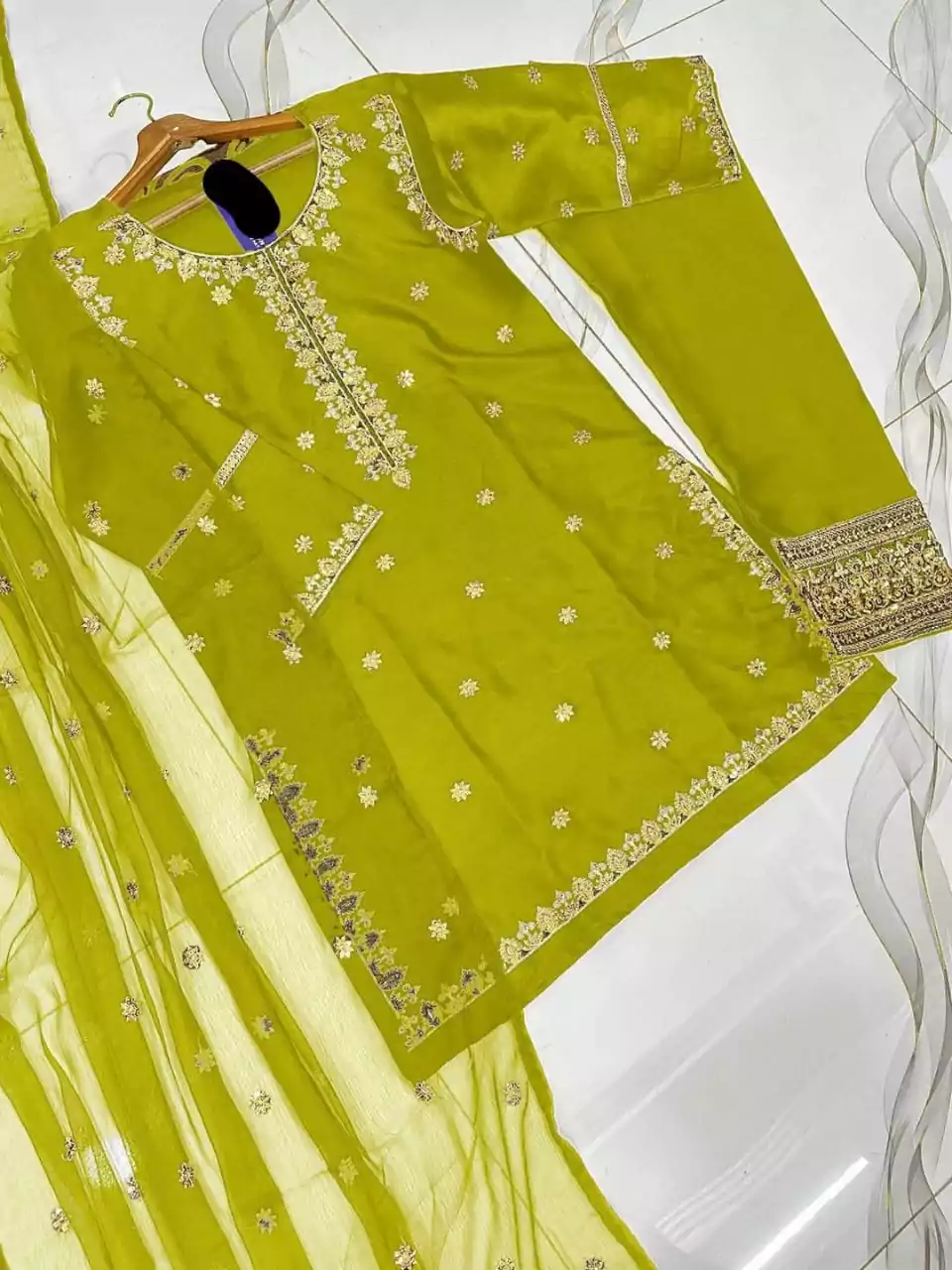 Embroidered Shamose Silk Shirt And Trouser Set 2 Pcs LI117