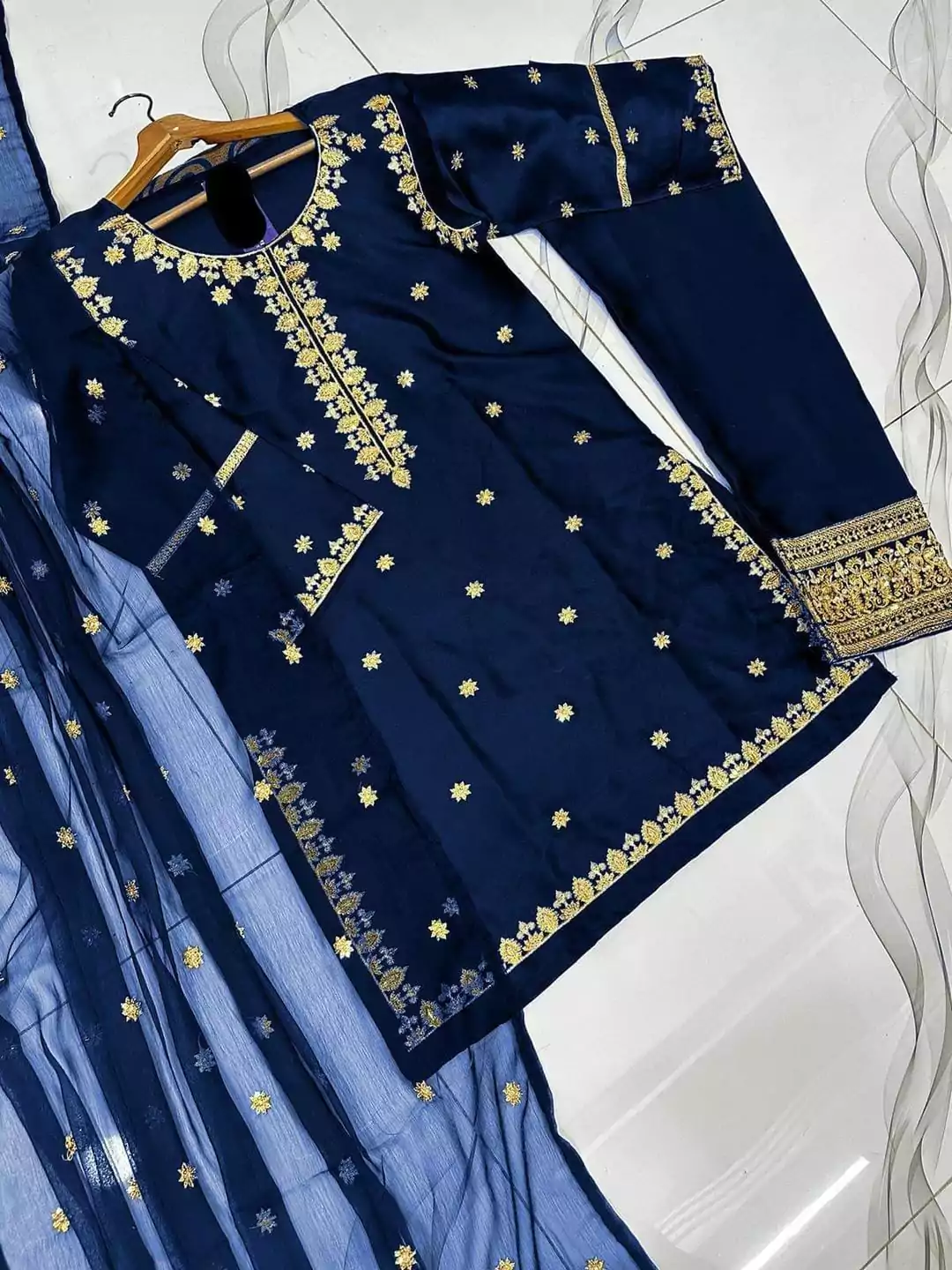 Embroidered Shamose Silk Shirt And Trouser Set 2 Pcs LI119