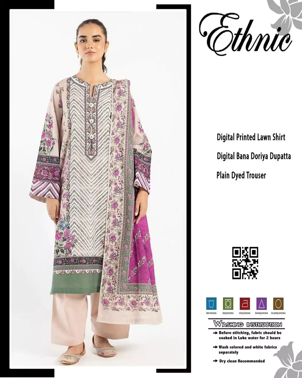  - Ethnic 3 Pcs Women's Unstitched Lawn Printed Suit ET182