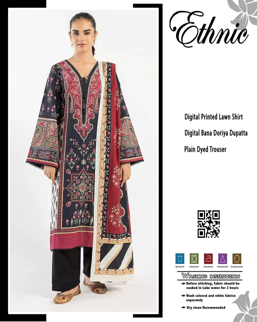  - Ethnic 3 Pcs Women's Unstitched Lawn Printed Suit ET183