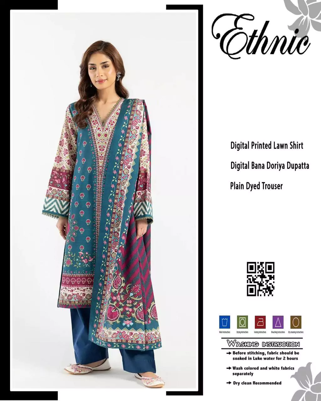  - Ethnic 3 Pcs Women's Unstitched Lawn Printed Suit ET184