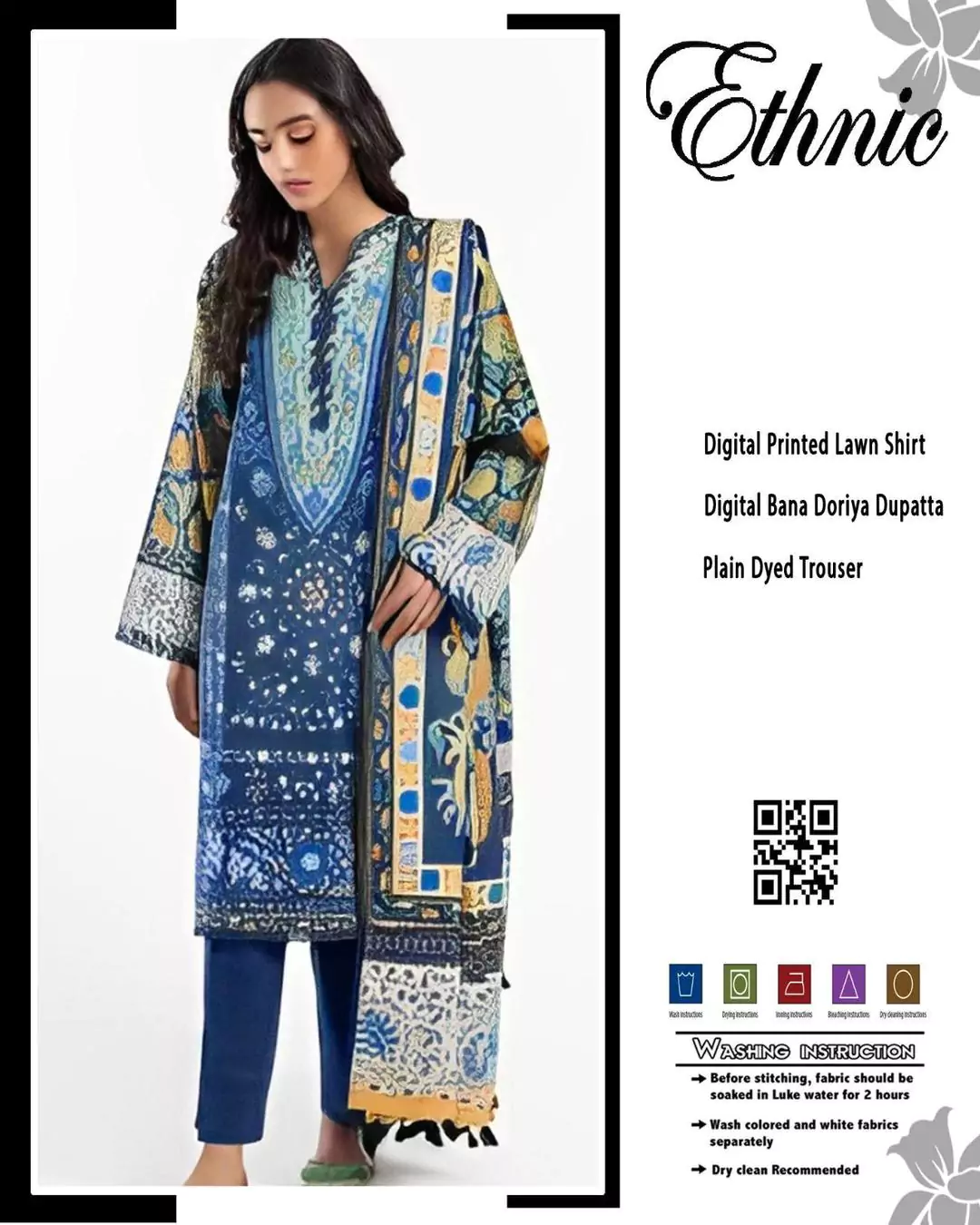  - Ethnic 3 Pcs Women's Unstitched Lawn Printed Suit ET185