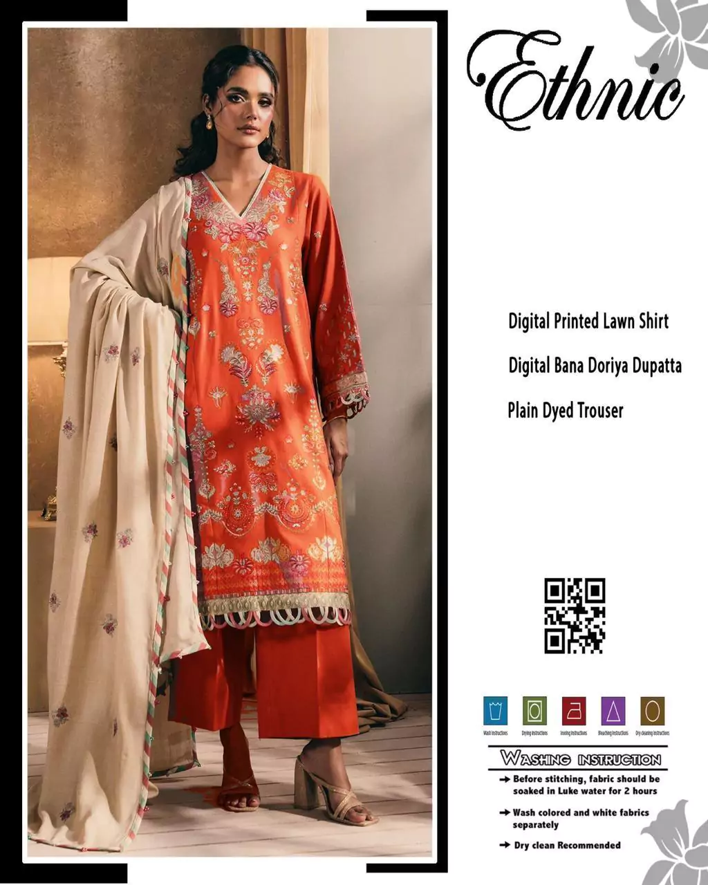  - Ethnic 3 Pcs Women's Unstitched Lawn Printed Suit ET186