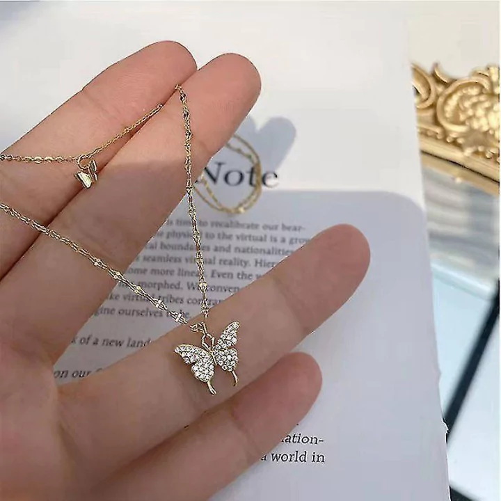 Gold Plated Double Layered Butterfly Design Pendant Necklace