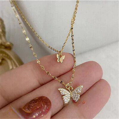 Gold Plated Double Layered Butterfly Design Pendant Necklace