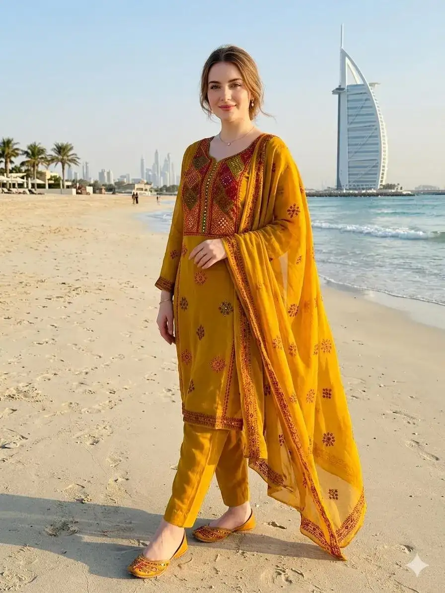 Golden Chiffon Hand Embroidered 2 Pcs Set VW938