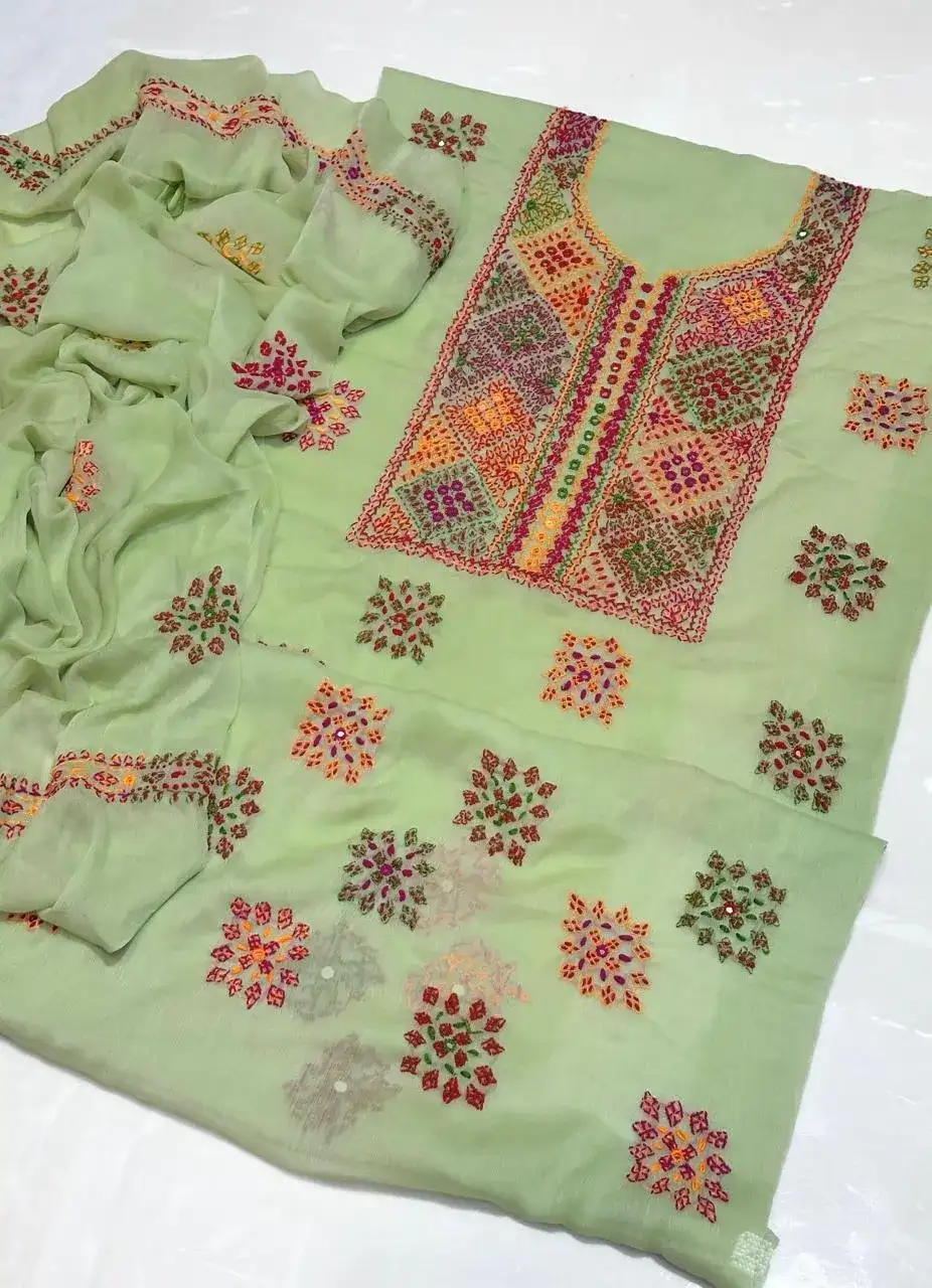 Green Chiffon Hand Embroidered 2 Pcs Set